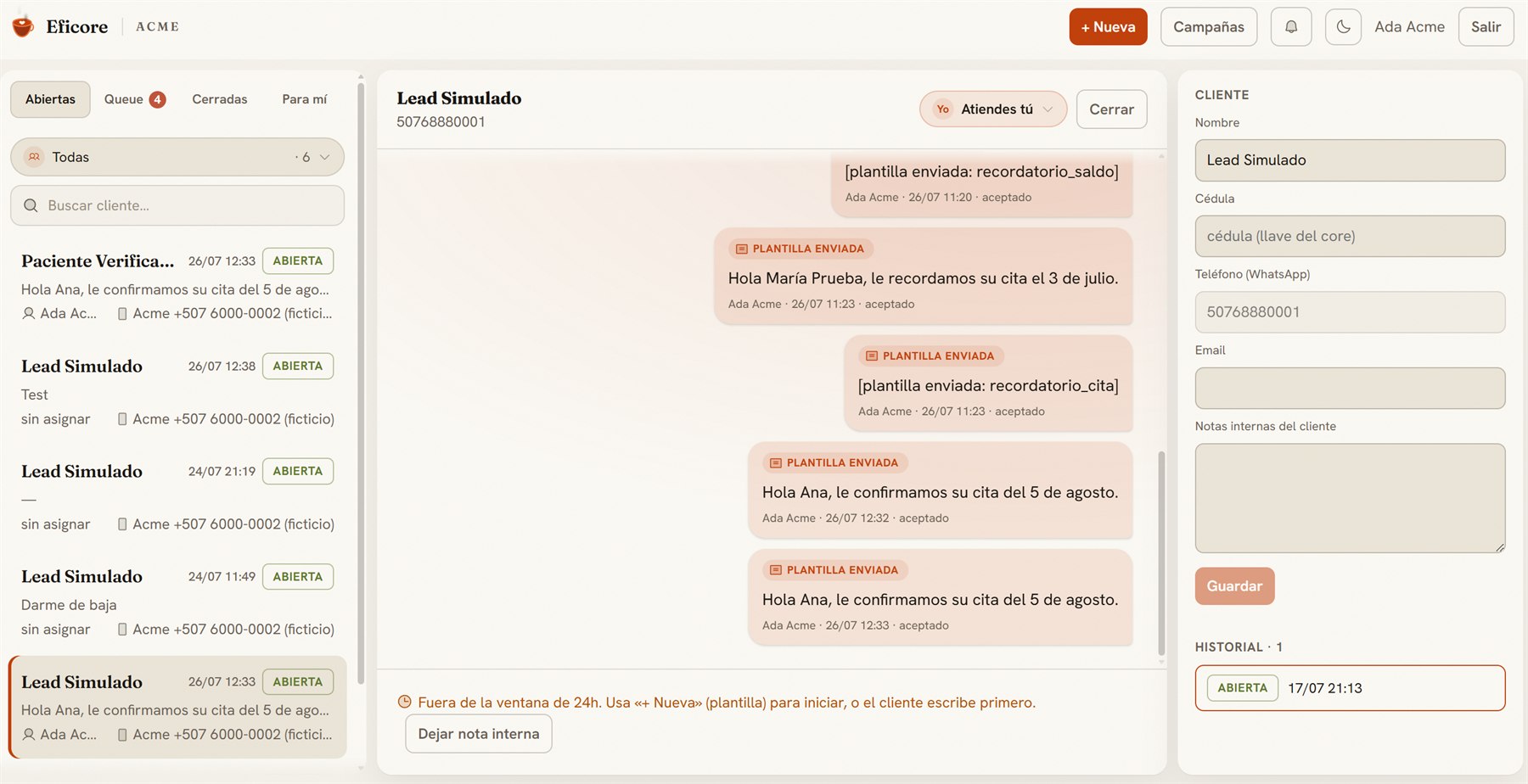 Bandeja de Eficore mostrando trazabilidad: cada mensaje registra el agente que respondió, la fecha y la hora, con el historial completo del paciente y notas internas separadas de la conversación.